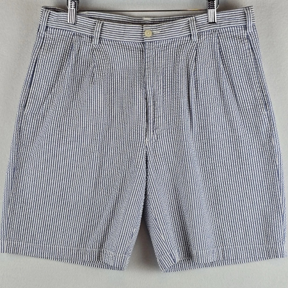 Jos A Bank Seersucker Shorts Mens 42W Blue White Pleated 8" Easter Spring Preppy